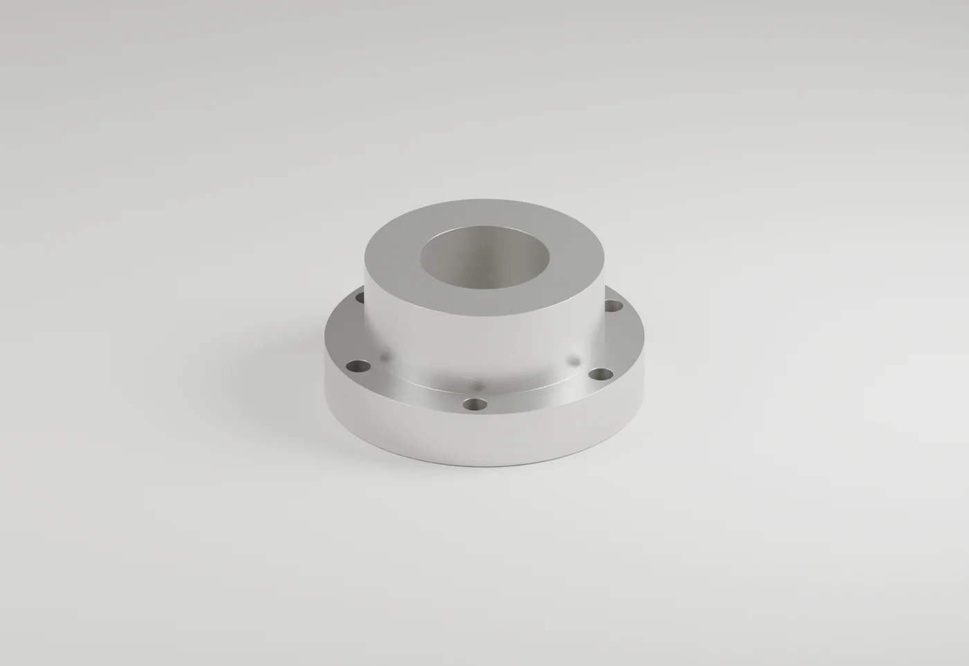 A softly lit aluminium housing with a circular flange and six mounting holes.