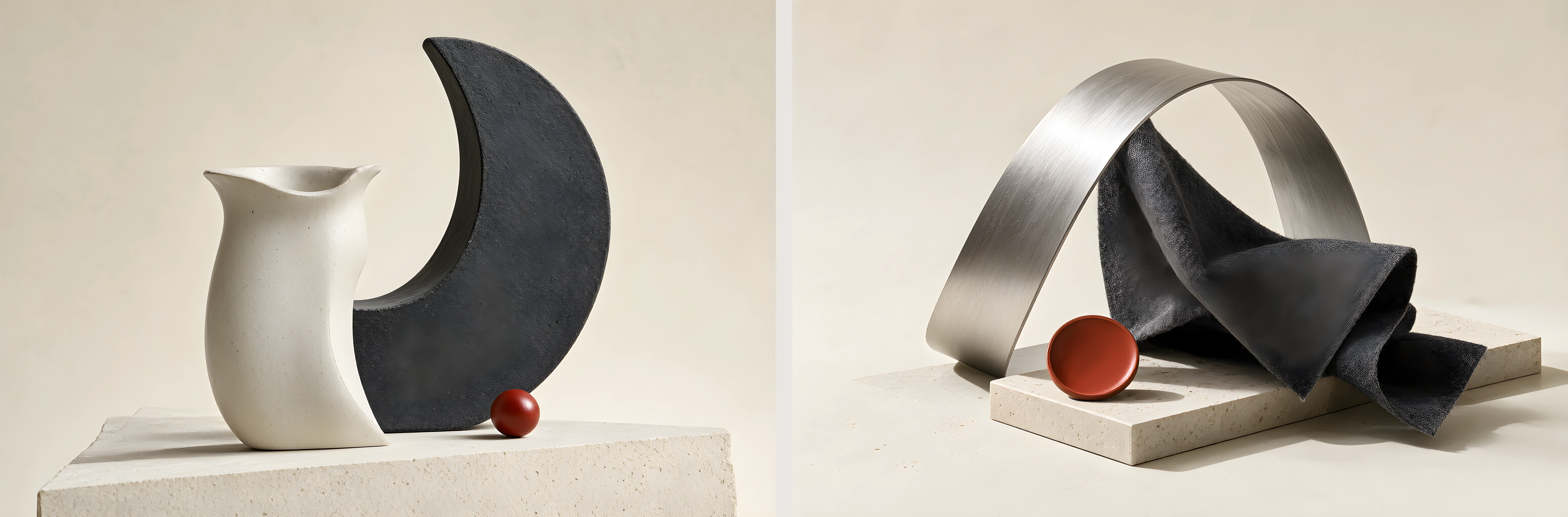 Two coordinated generated material studies: ceramic and charcoal stone, then brushed aluminium and folded felt, each with a restrained red accent.